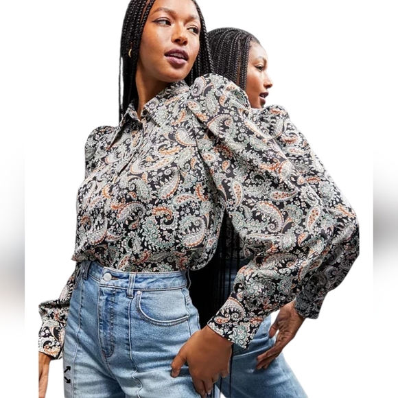 Jeannie Mai X INC Shoulder Pad Button-Front Shirt Navy Blouse Paisly XL - Picture 1 of 11